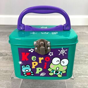 1996 Vintage Sanrio Keroppi 4in Green Metal Tin Storage Box with Blue Handle